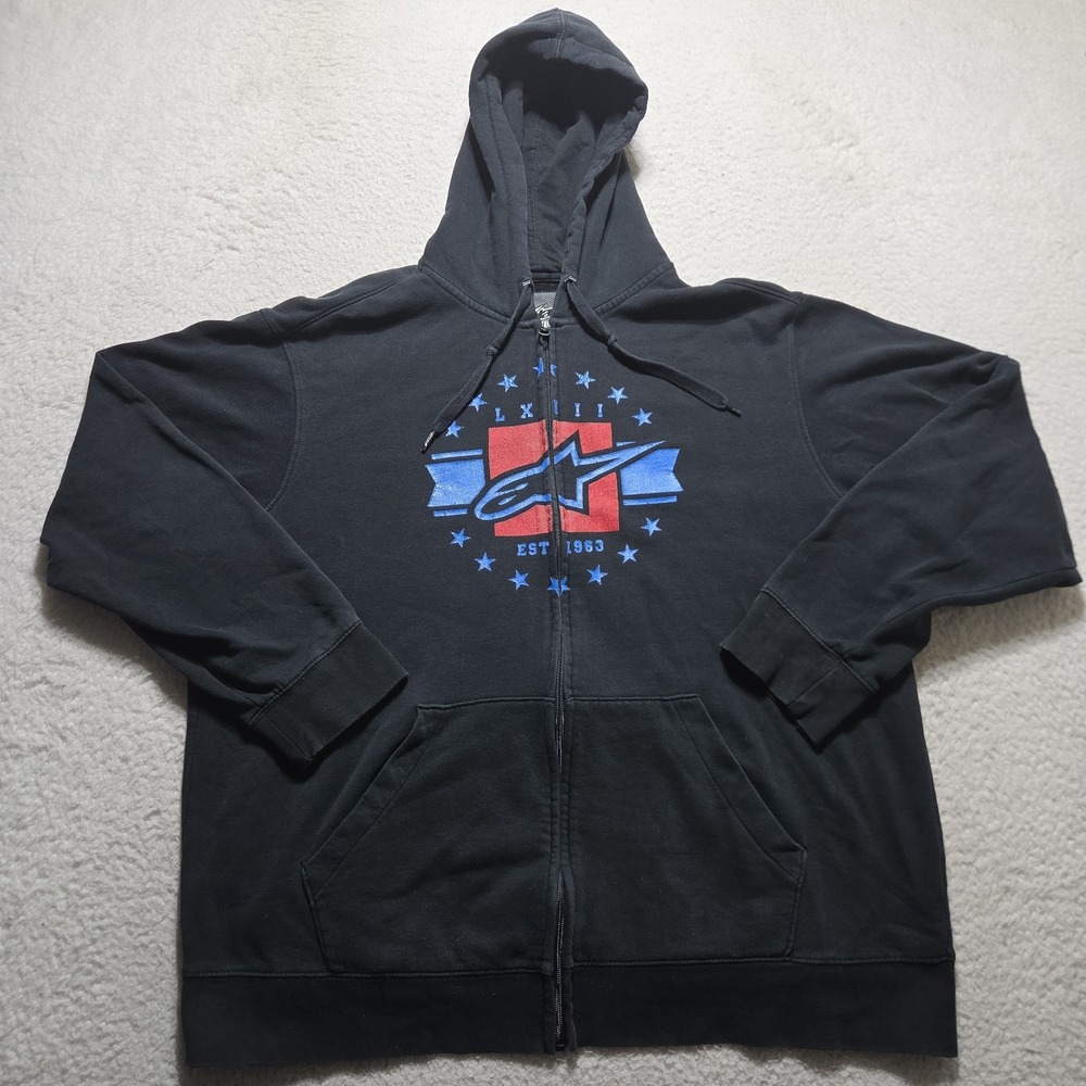 Y2K Alpine Stars Zip Up Hoodie Mens 2XL Biker Star Grunge Sweatshirt Faded